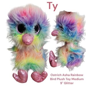 Ty boo Ostrich Asha Rainbow Bird Plush Toy Medium 9 Inch Glitter Stuffie toy
